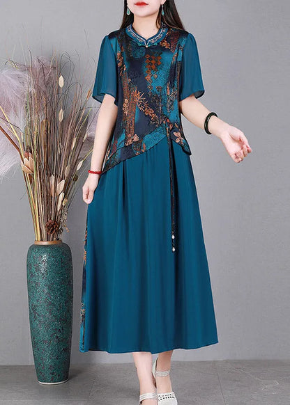 Blue O-neck Print Silk Long Dresses Short Sleeve
