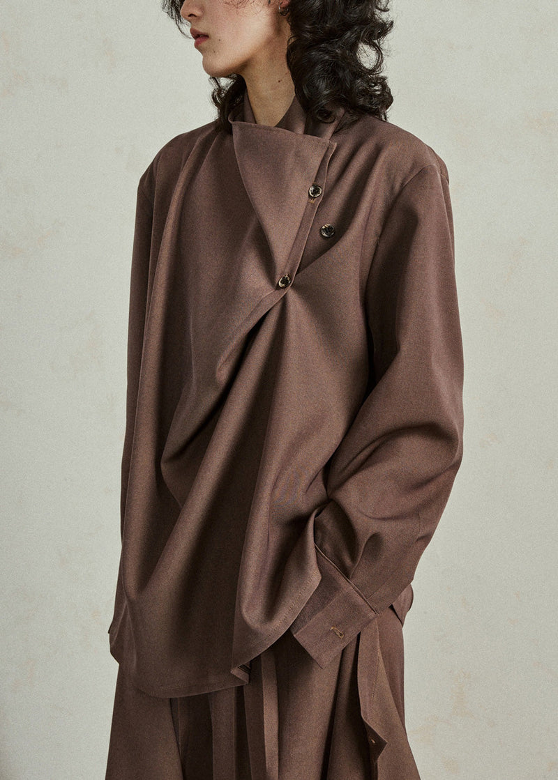 Fine Coffee Asymmetrical Button Cotton Shirt Lantern Sleeve Spring