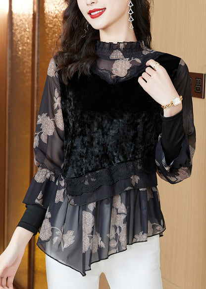 Black O-neck Asymmetrical Embroideried Patchwork Chiffon Tops Long Sleeve