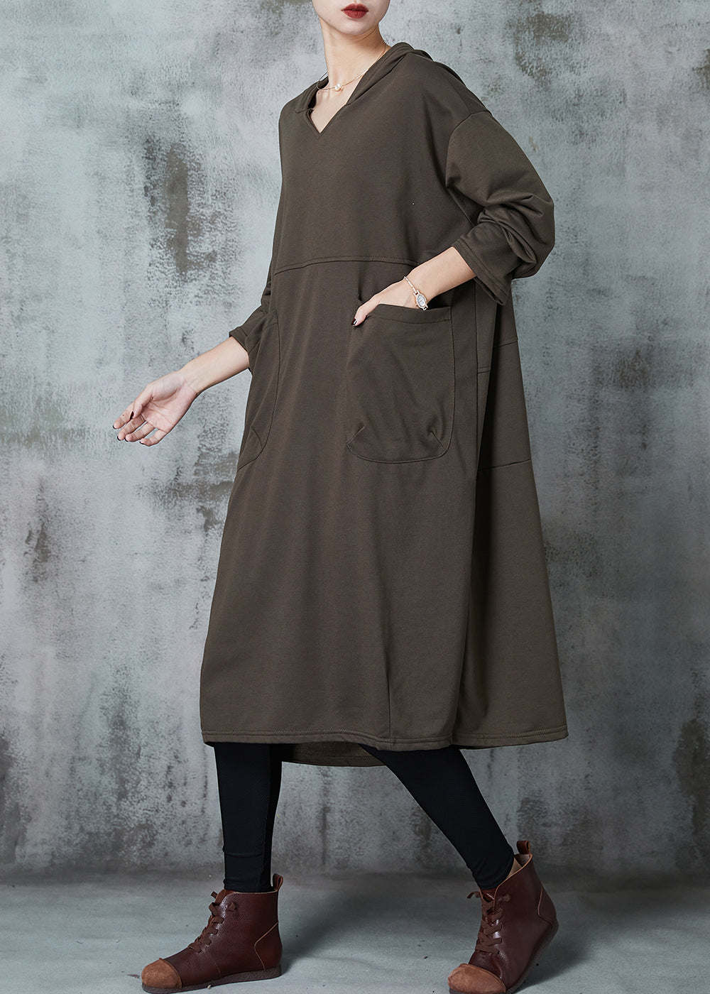 Army Green Hooded Pockets Cotton Dress Spring