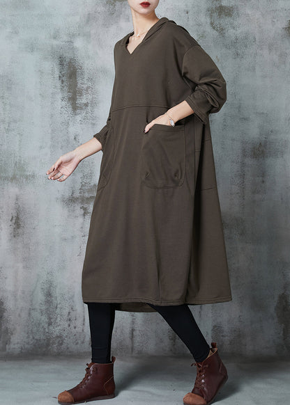 Army Green Hooded Pockets Cotton Dress Spring