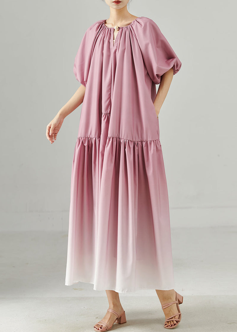 Gradient Purple Oversized Patchwork Cotton Long Dresses Puff Sleeve