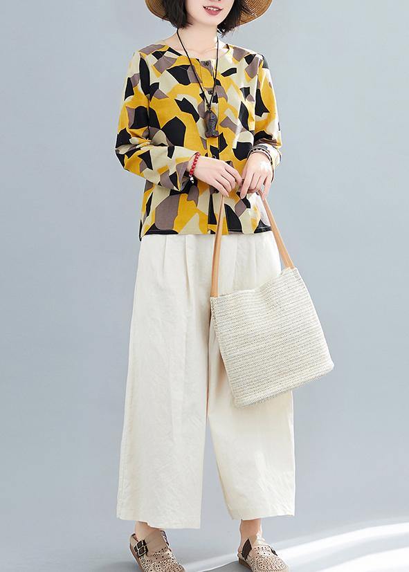French O Neck Button Down Shirts Inspiration Yellow Geometric Top