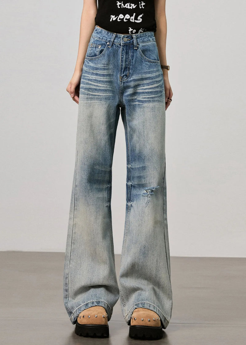 Boutique Blue Pockets High Waist Denim Ripped Pants Fall