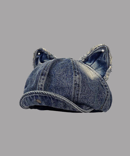 Dark Blue Cat Ear Denim Breton Hat