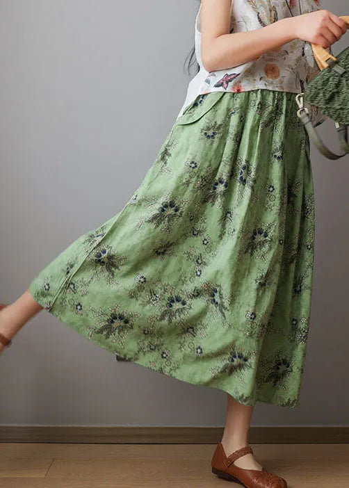 Organic Green Elastic Waist Print Cotton Skirts Spring