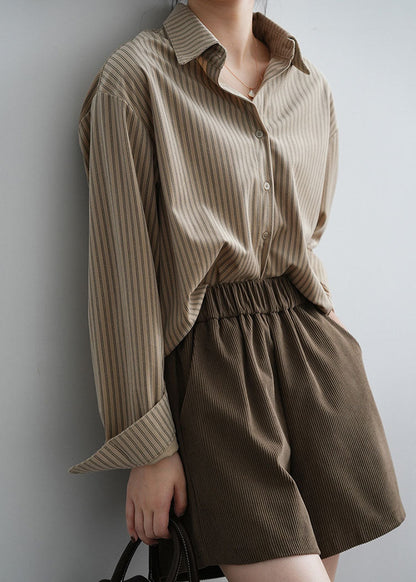 Mocha Peter Pan Collar Striped Low High Design Button Shirts Long Sleeve