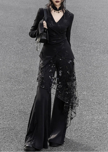 Black V Neck Patchwork Tulle Silm Fit Sets 2 Pieces Spring