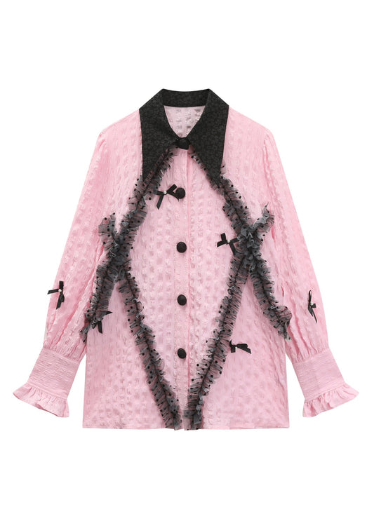 Pink Square Collar Ruffled Print Tulle Shirts Long Sleeve