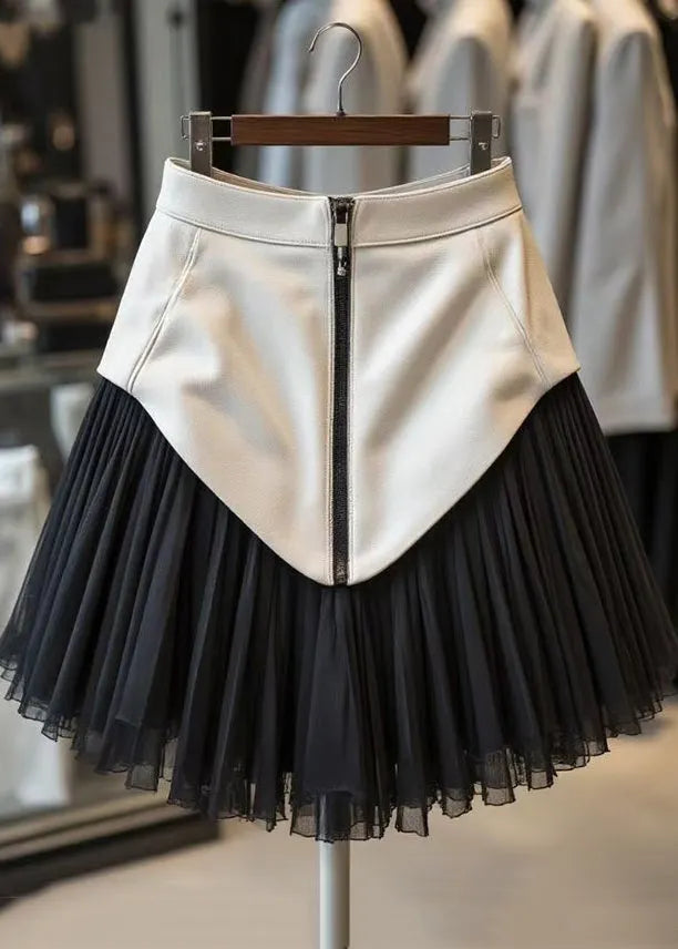 Black Zippered Tulle Patchwork Faux Leather Skirts Wrinkled