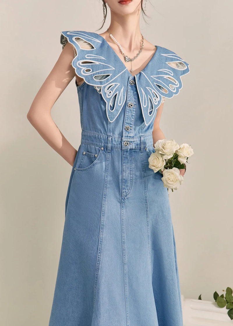 Unique Blue Patchwork Hollow Out Denim Maxi Dress Short Sleeve