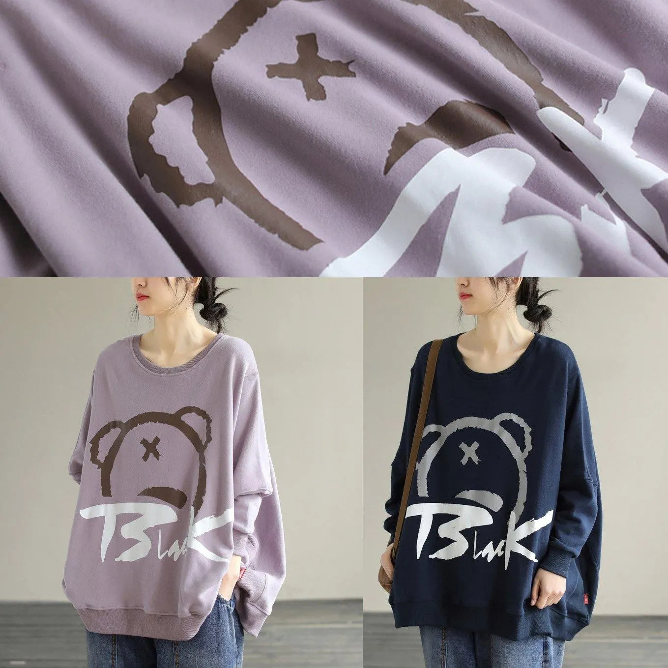 Modern Purple Cartoon Print Cotton Shirts O Neck Loose Spring Shirts