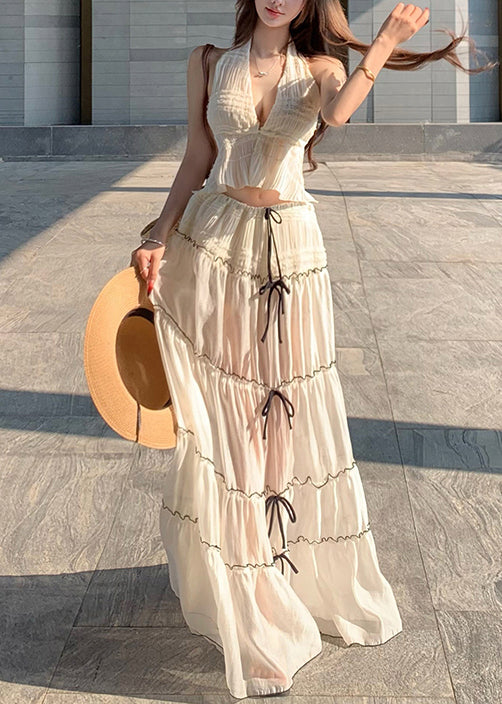 White V Neck Bow Wrinkled Chiffon Two Pieces Set Sleeveless