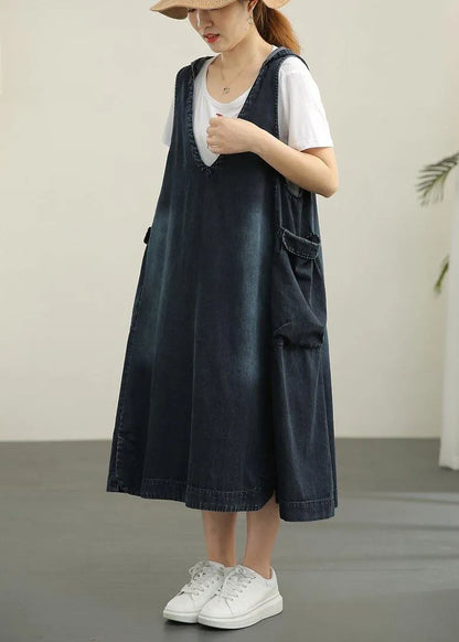 V-neck Denim Dress Double Pocket Loose Large T-shirt Two Piece Set