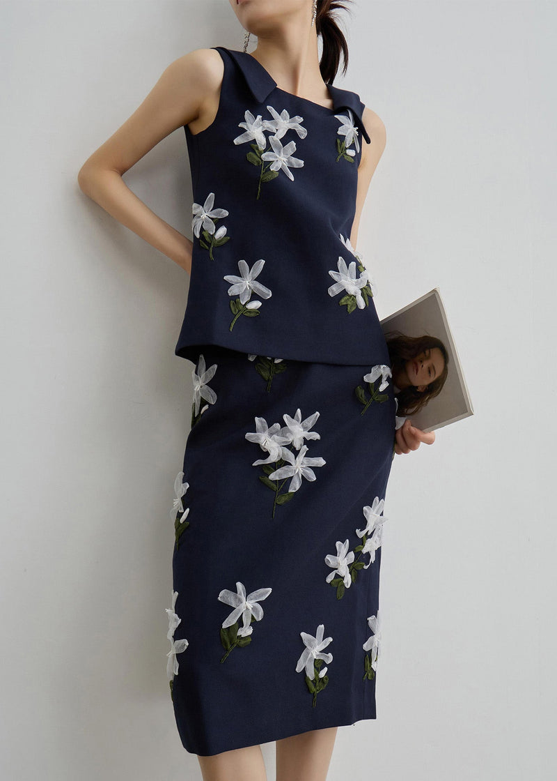 Navy Vest and Maxi Skirts Two Piece Set Sleeveless