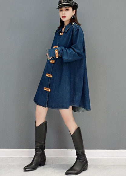 Blue Peter Pan Collar Cotton Denim Long Coat Long Sleeve
