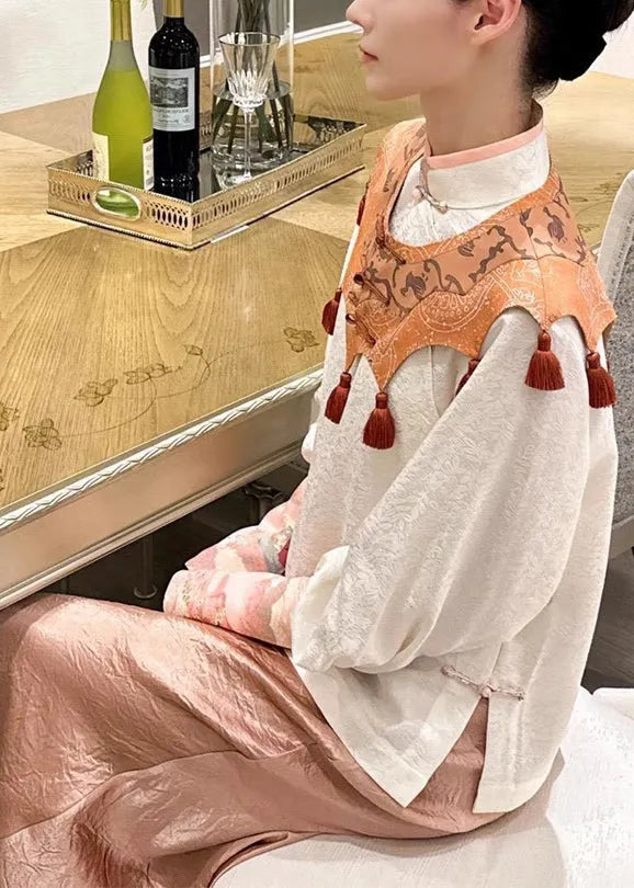 Jacquard White Stand Collar Shirts Cloud Shoulder and Skirts Silk Three Pieces Set Spring