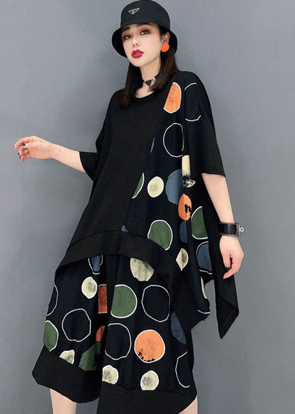 Black Asymmetrical Patchwork Dot Print Cotton Sets 2 Pieces Summer