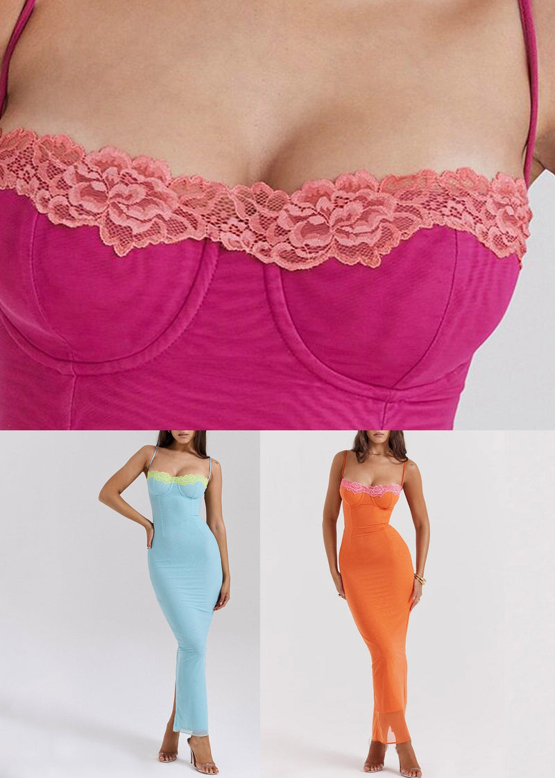 Lake Blue Tie Waist Tulle Long Spaghetti Strap Dress Dresses Summer