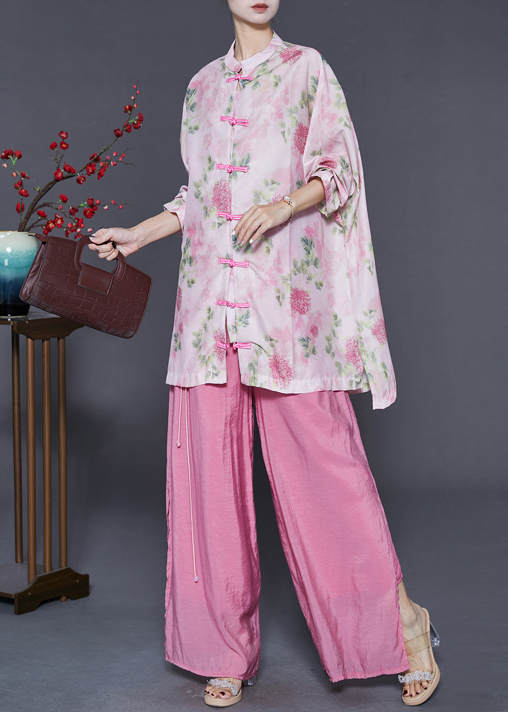 Pink Oversized Chinese Button Cotton Two-piece Set Spring