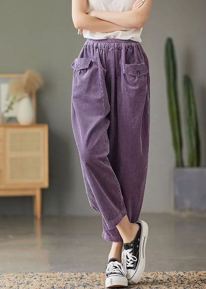 Purple Elastic Waist Pockets Corduroy Pants Spring
