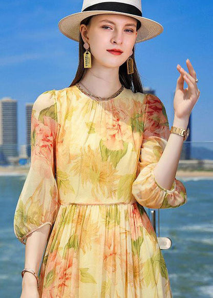 French Yellow Wrinkled Print Silk Holiday Dress Summer