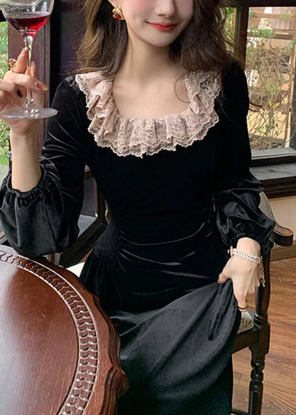 French Black Square Collar Lace Slim Fit Velour Dresses Spring