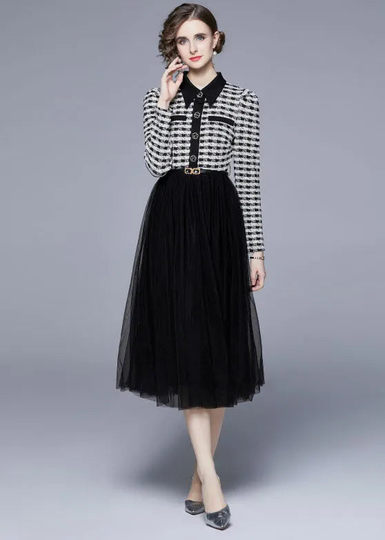 Black Peter Pan Collar Patchwork Tulle Cinch Dress Spring