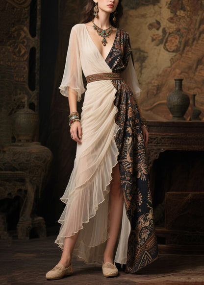 Colorblock Asymmetrical Patchwork Chiffon Robe Dresses Summer
