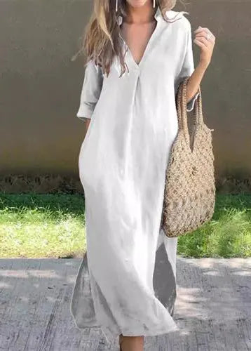 Simple Blue V Neck Side Open Linen Long Dress Summer