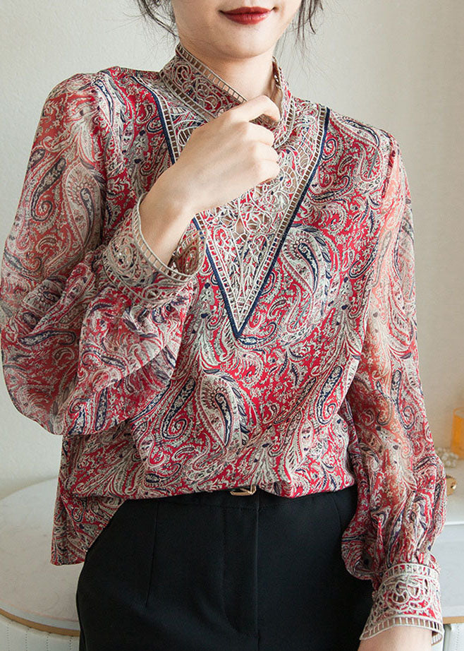 Blue Embroidered Print Chiffon Shirt Lantern Sleeve