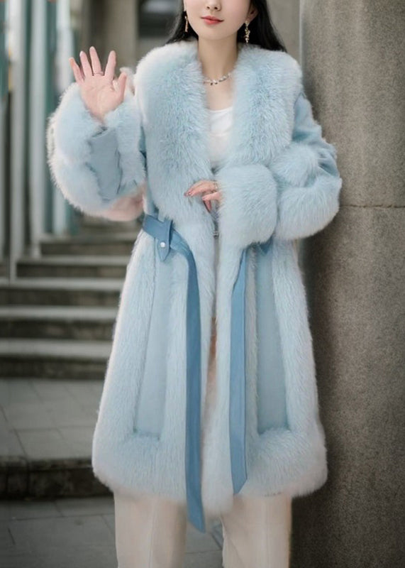 Pink Fox Collar Tie Waist Long Coats Winter