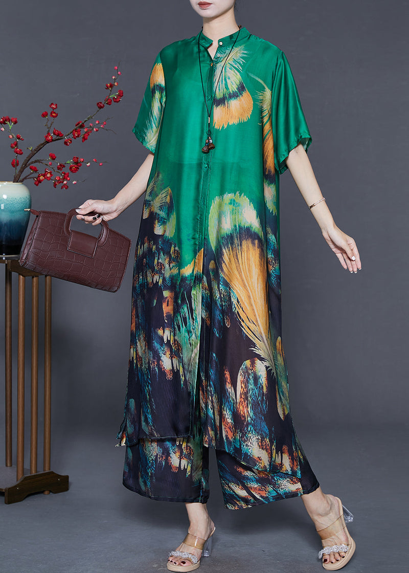 Green Oversized Print Silk Two Piece Suit Set Summer