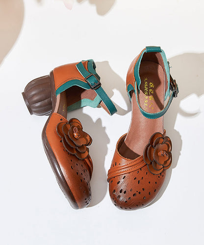 Hollow Out Chunky Heel Buckle Strap Brown Cowhide Leather