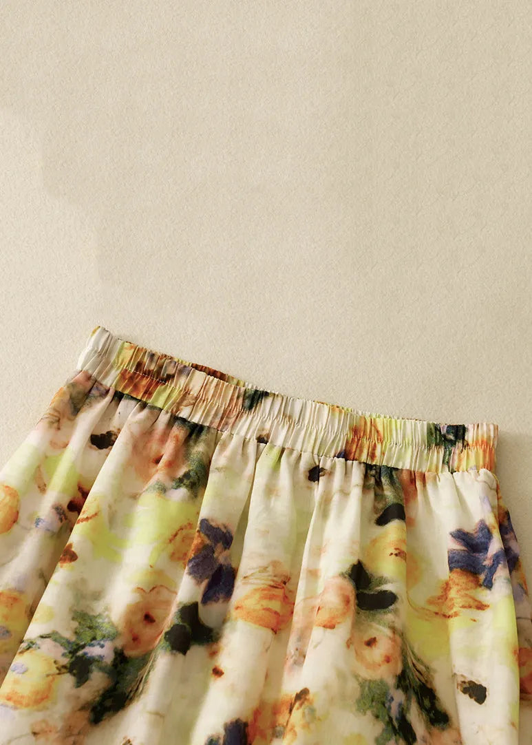 Loose Yellow Print Elastic Waist Cotton Skirts Summer