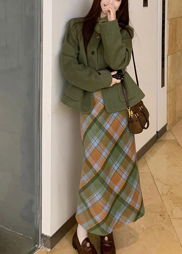 Green Pockets Woolen Coats ,top and Long Dress Three Piece Set Long Sleeve
