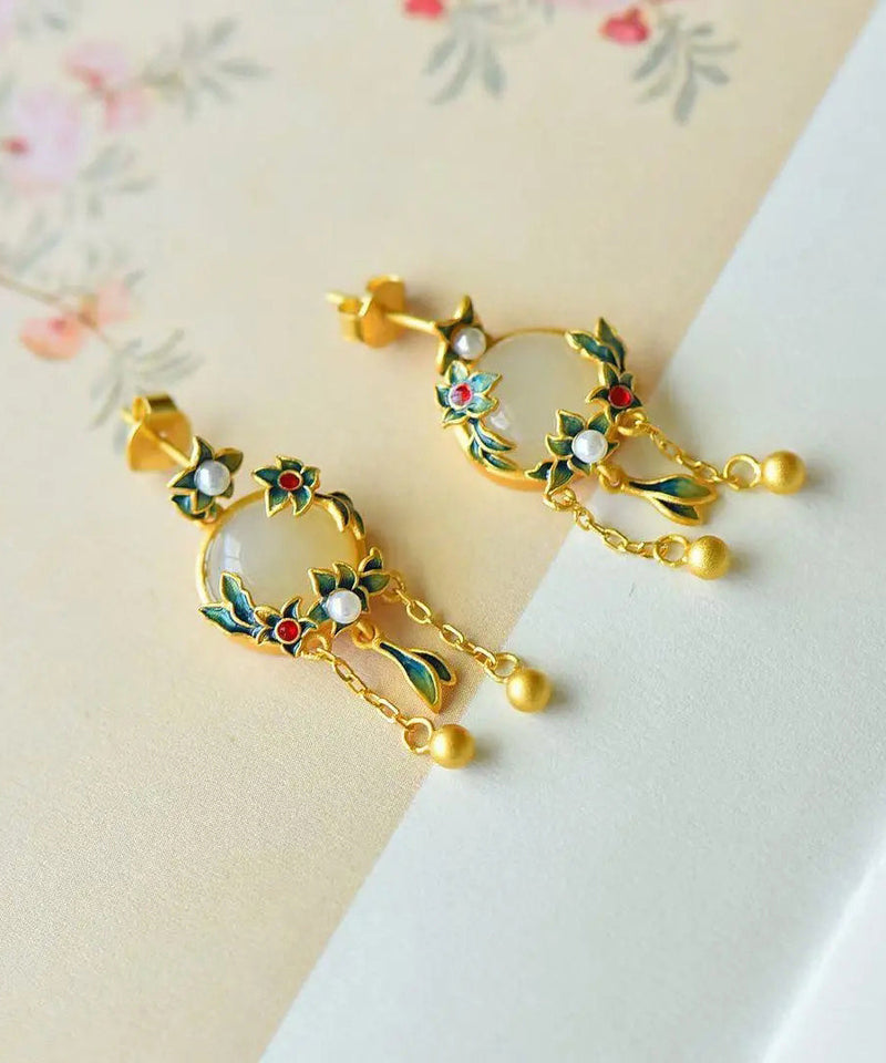Modern Green Sterling Silver Inlaid Hetian Jade Agate Pearl Drop Earrings
