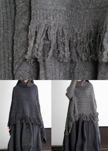 Art Black Asymmetrical Tasseled Knit Sweaters Winter