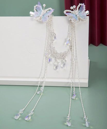 Retro Light Purple Alloy Tulle Butterfly Beading Tassel Hairpin