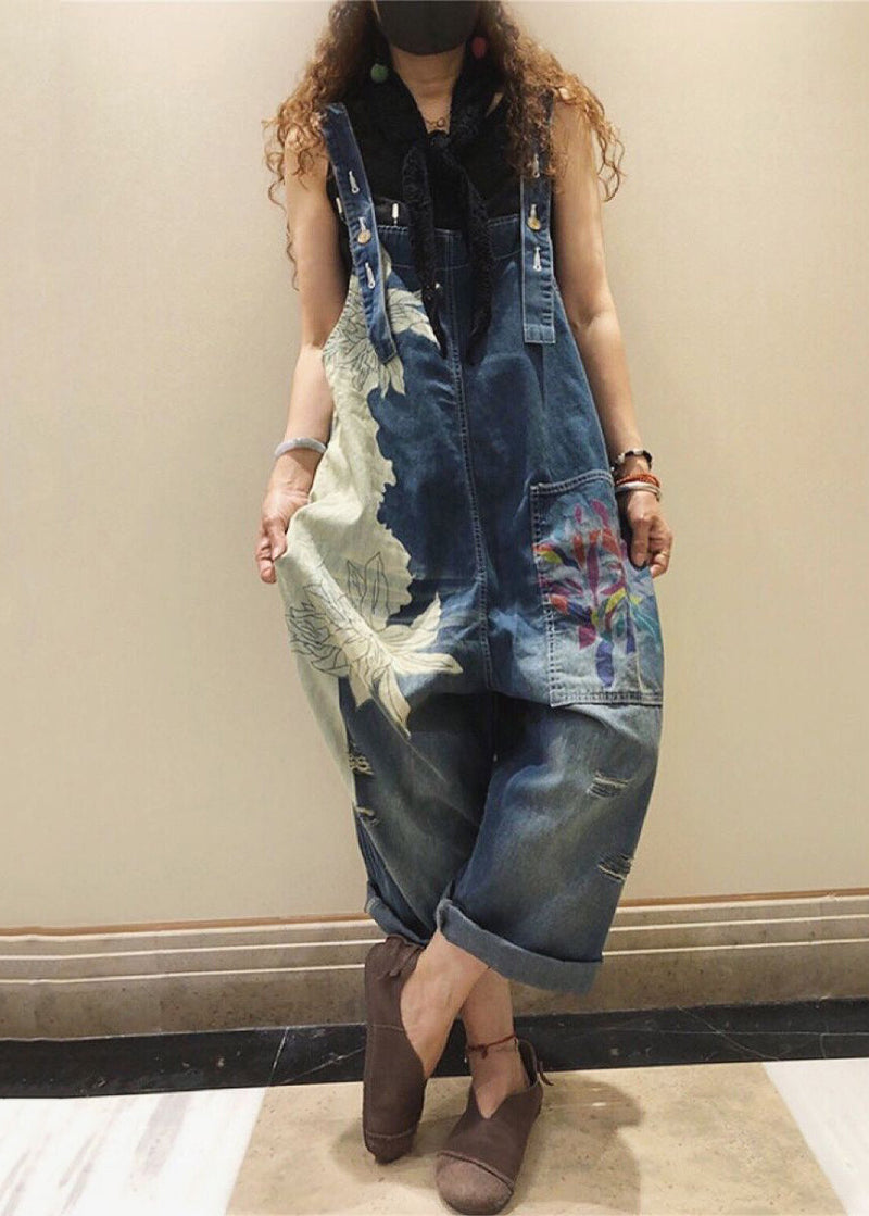 Blue Print Pockets High Waist Denim Jumpsuit Sleeveless