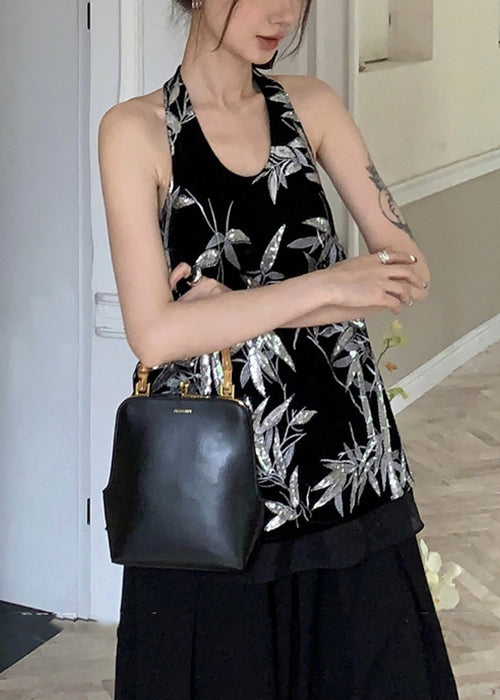Black Lace Up Sequins Silk Velour Tank Sleeveless