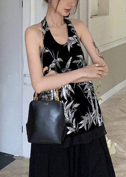 Black Lace Up Sequins Silk Velour Tank Sleeveless
