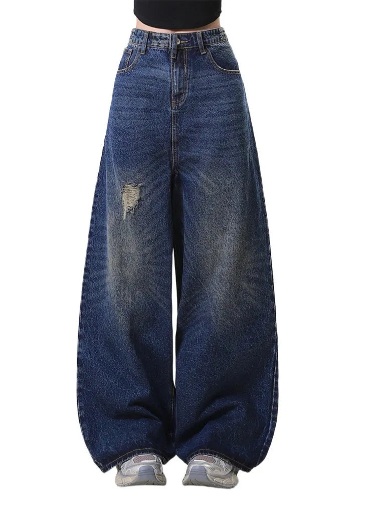 Navy Oversized Denim Ripped Jeans Pants Spring