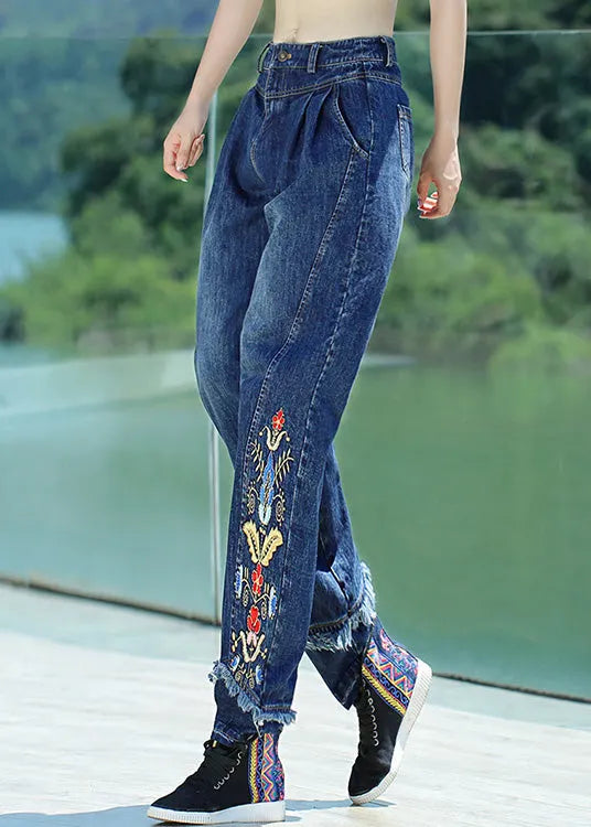Retro Denim Blue Button Embroideried Straight Pants Spring