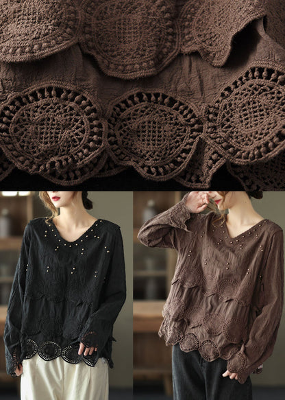 Chocolate Embroideried Hollow Out Fall Long Sleeve Shirt Tops
