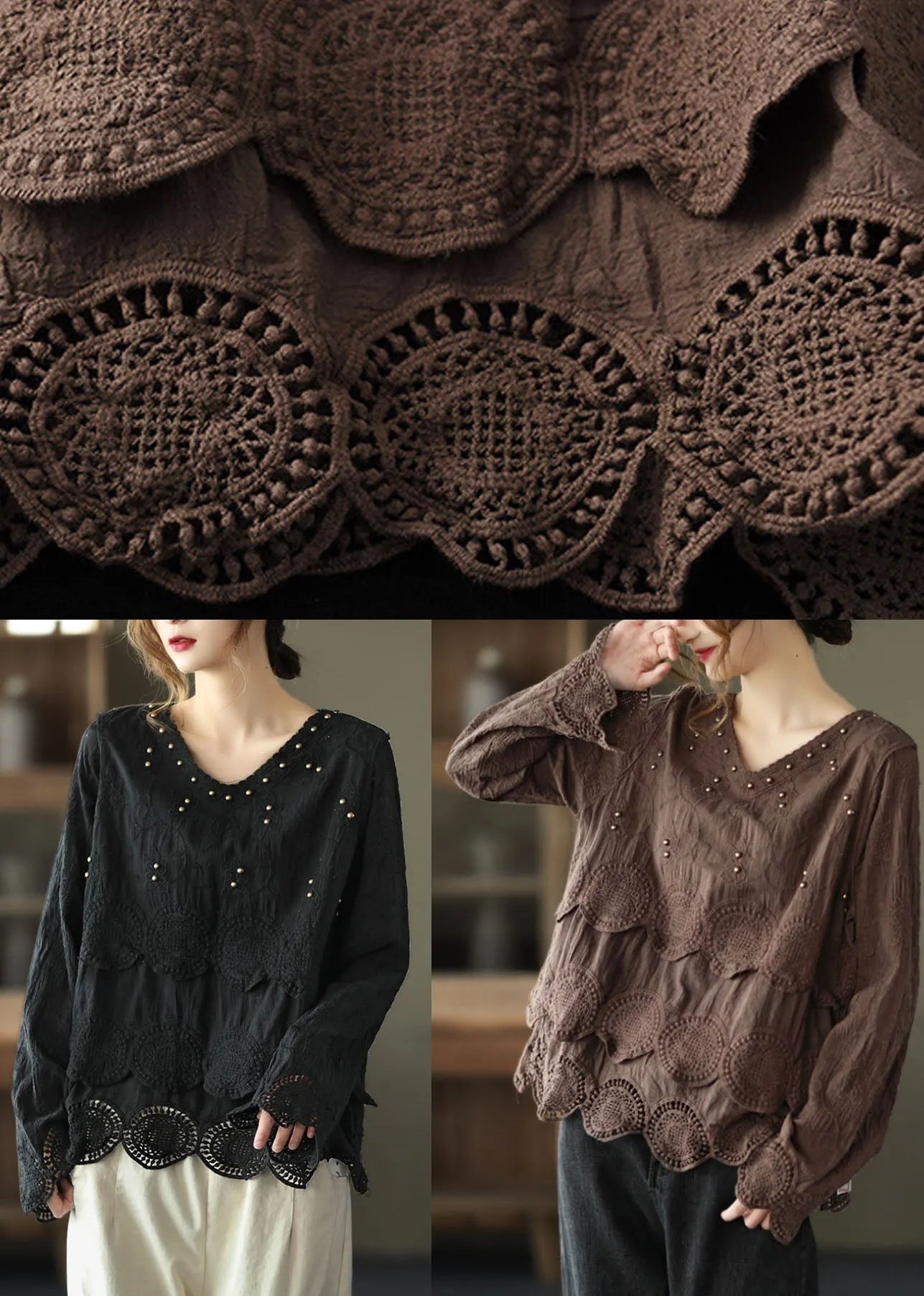 Classy Black V Neck Nail Bead Fall Tops Long Sleeve
