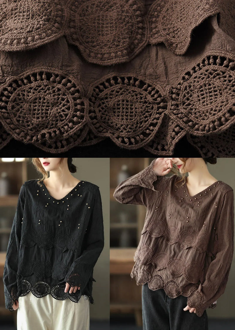 Classy Black V Neck Nail Bead Fall Tops Long Sleeve