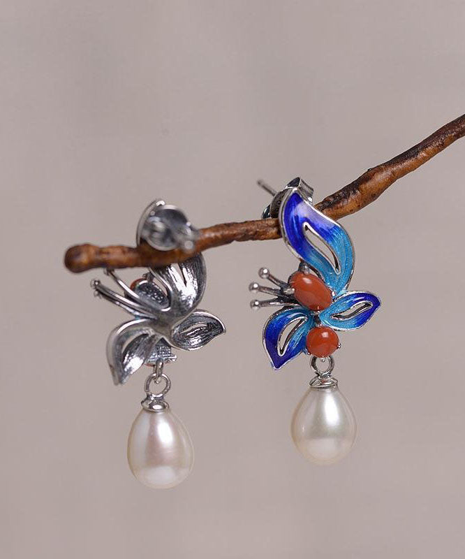 Blue Sterling Silver Cloisonne Jade Pearl Butterfly Stud Earrings