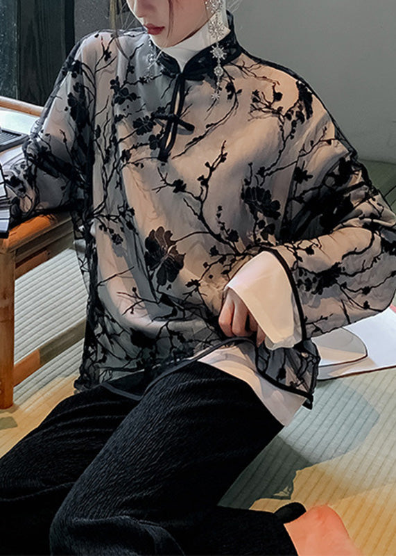 Black Stand Collar Embroideried Button Tulle Shirts Long Sleeve