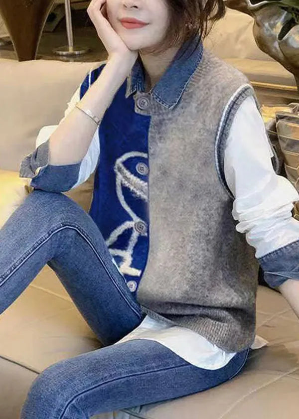Stylish Vest Denim Patchwork Shirt Autumn New Two-piece Set